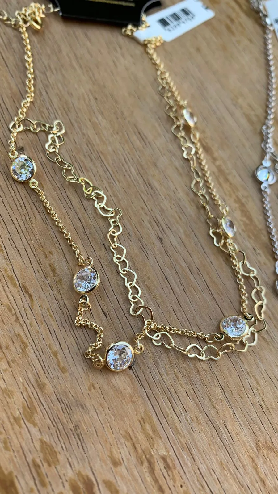 CHOKER DUPLO CORRENTE CORAÇÃO COM CORRENTE ELO PORTUGUÊS FINO E PONTO DE LUZ CRISTAL - BANHADO A OURO 18K