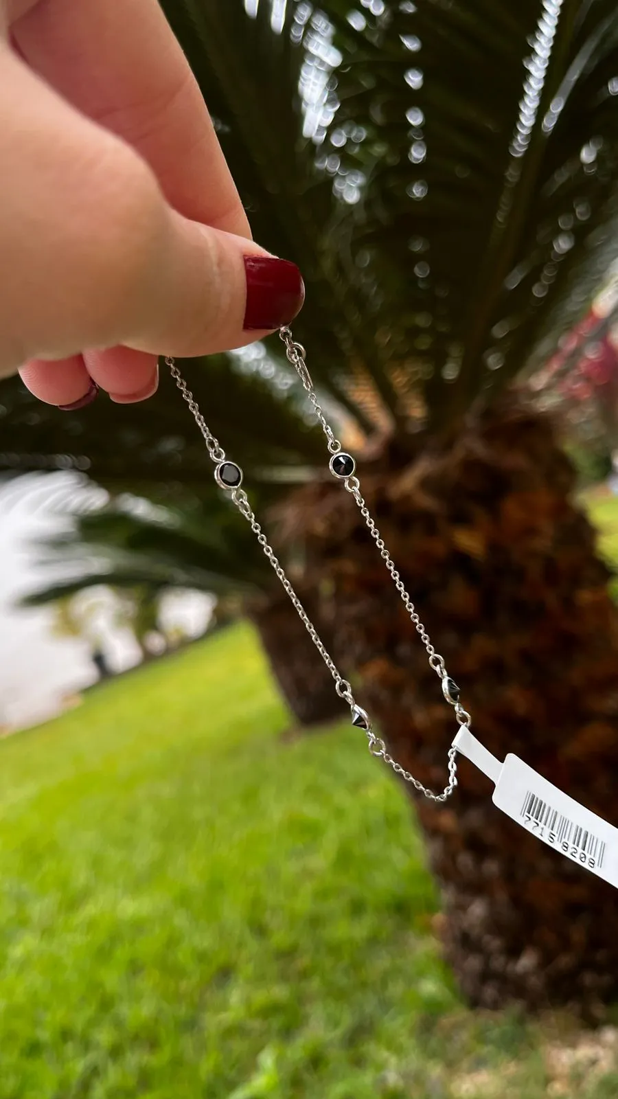 PULSEIRA ELO PORTUGUÊS FINO COM PONTO DE LUZ NEGRO- BANHADO A RÓDIO BRANCO