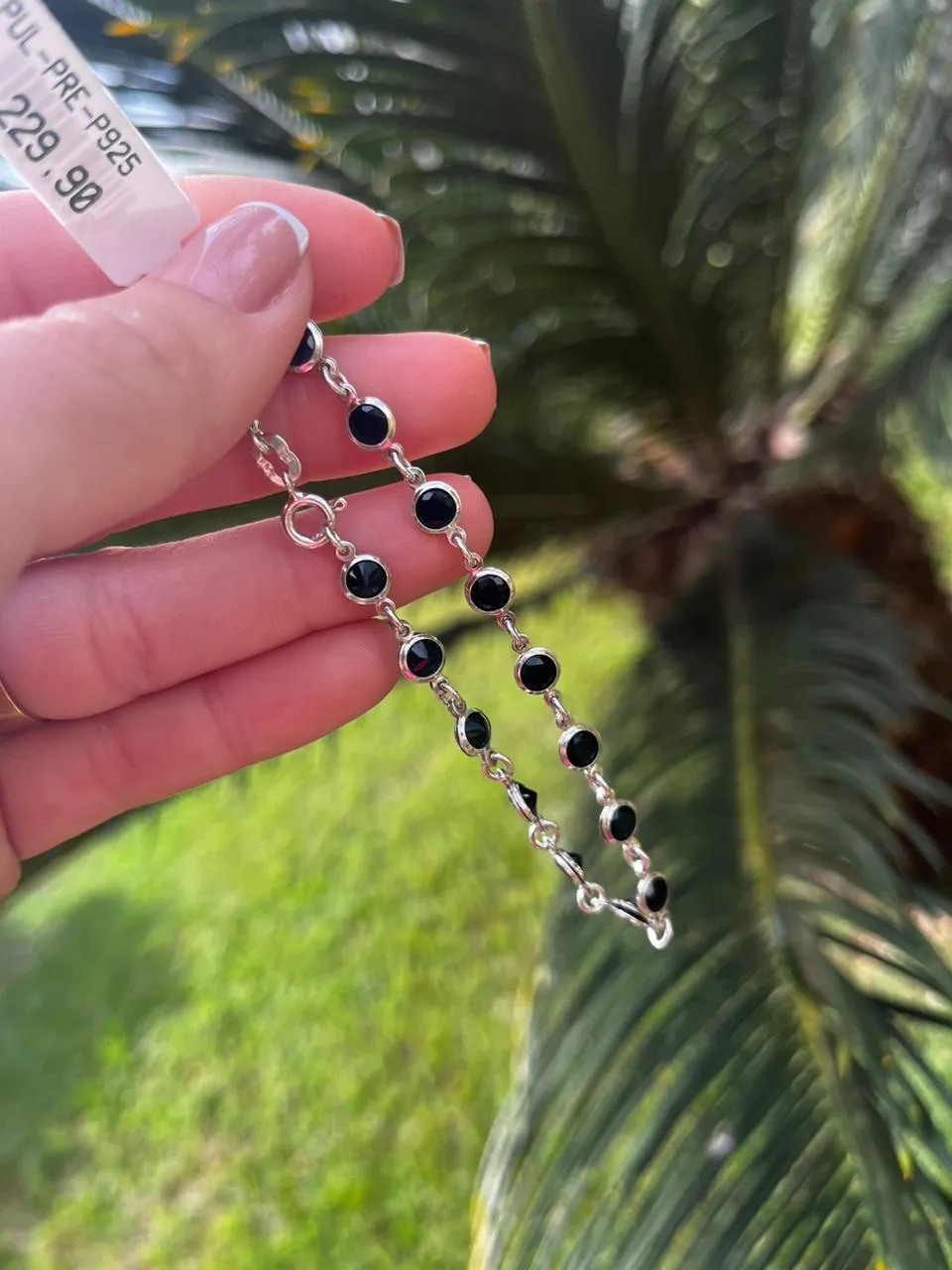 PULSEIRA COM PONTO DE LUZ ACRÍLICO PRETO  -PRATA 925