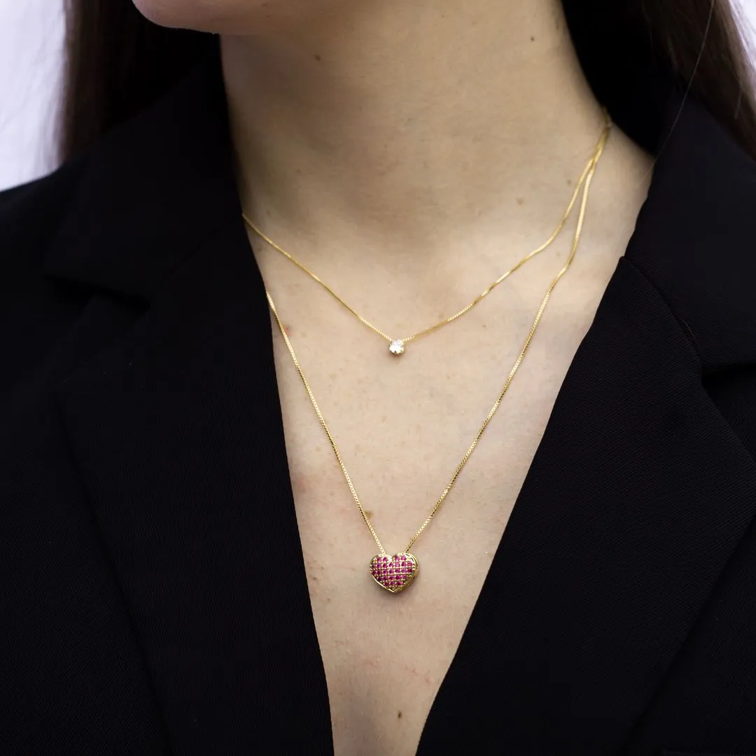 CORRENTE VENEZIANA COM CORAÇÃO CRAVEJADO PINK E EXTENSOR - BANHADO A OURO 18K