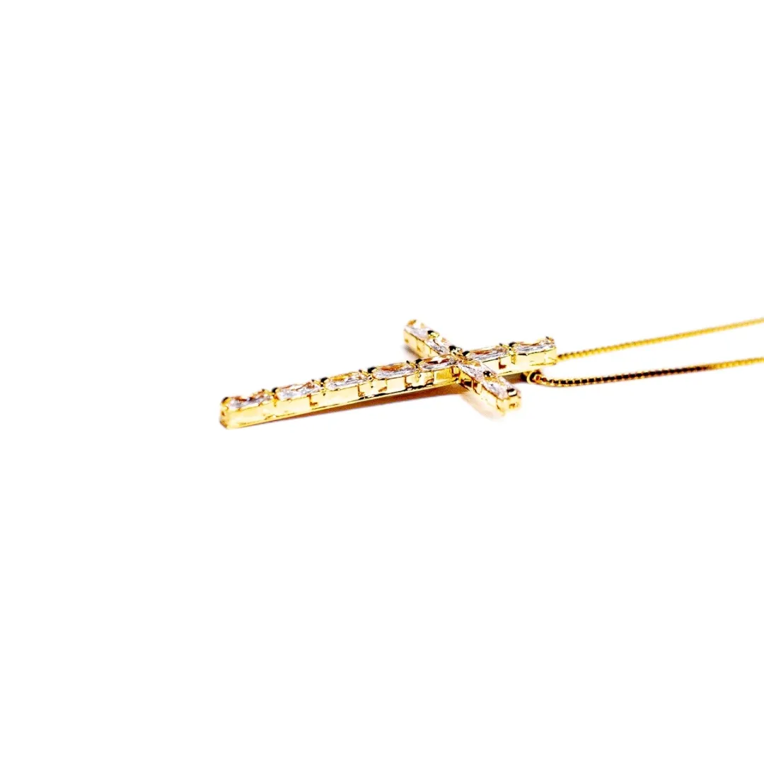 CORRENTE VENEZIANA CRUCIFIXO COM NAVETES CRISTAL 45CM - BANHADO A OURO 18K