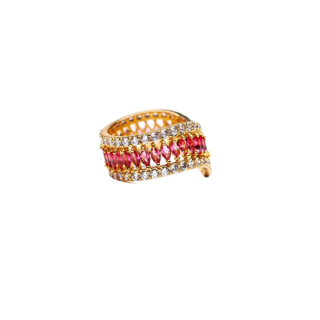 ANEL COM PONTA ALTA ZIRCONIA NAVETE  PINK E CRISTAL Nª20 - BANHADO A OURO 18K