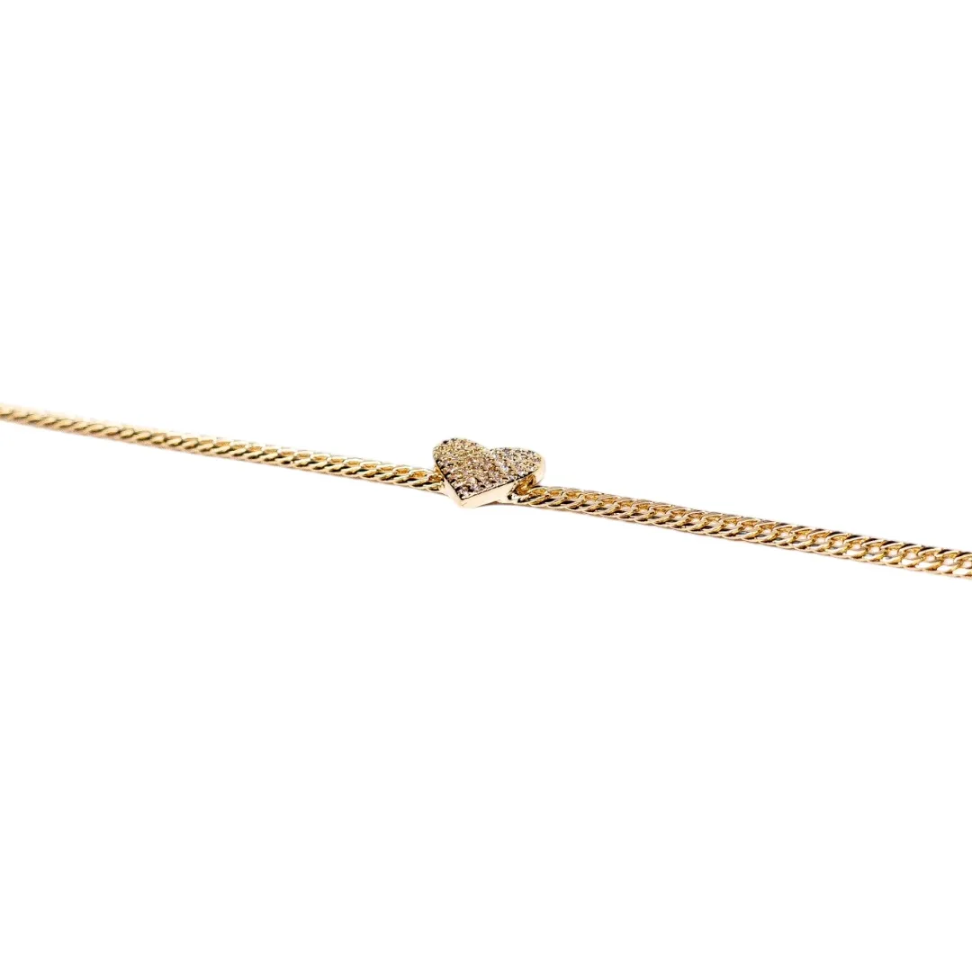 CHOKER CORRENTE GRUMET COM MINI CORAÇÃO CRAVEJADO - BANHADO A OURO 18K