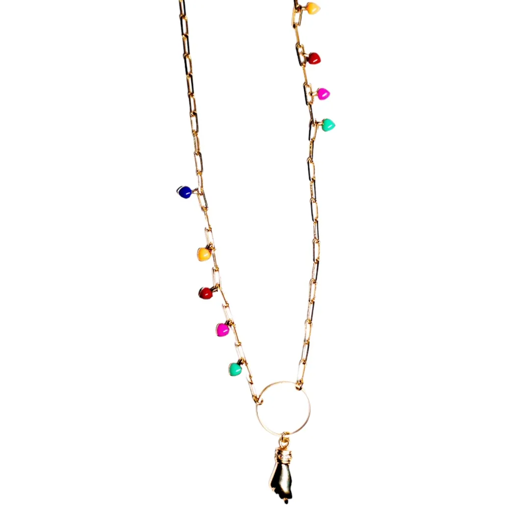 CORRENTE CUMPRIDA MAO DE FATIMA COM BOLINHA NEON COM EXTENSOR - BANHADO A OURO 18K