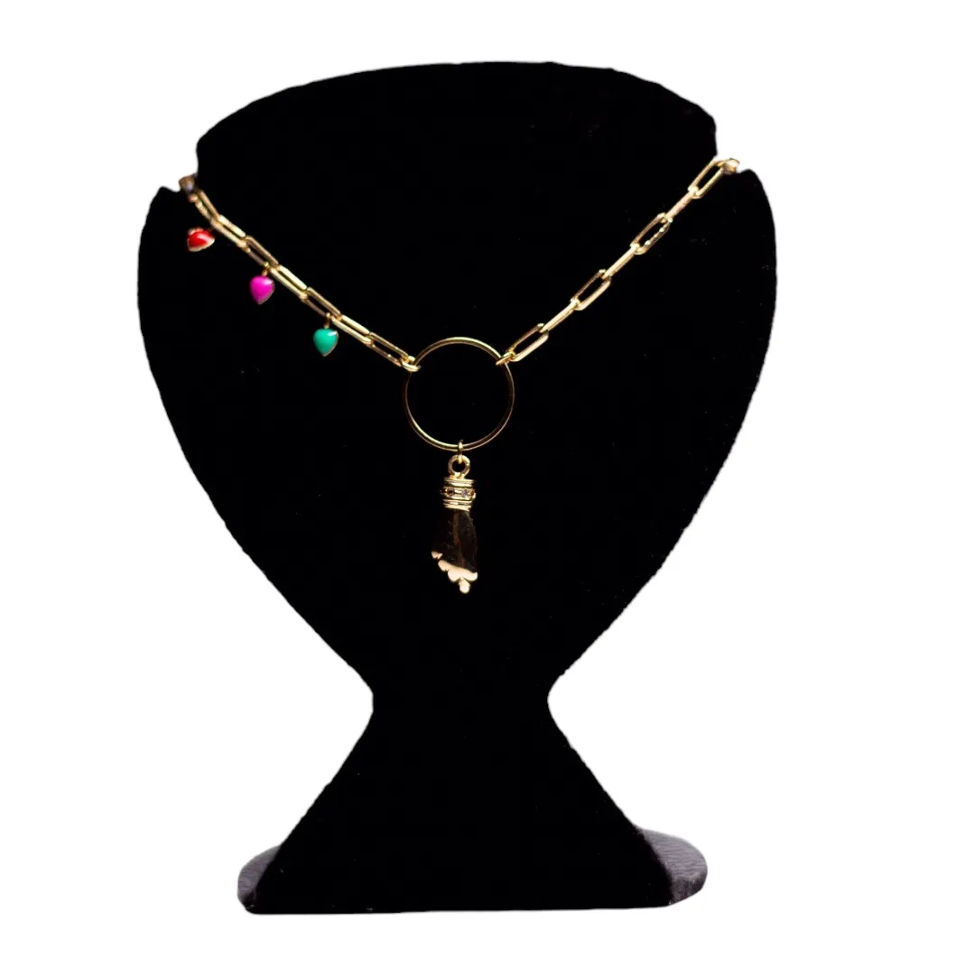 CORRENTE CUMPRIDA MAO DE FATIMA COM BOLINHA NEON COM EXTENSOR - BANHADO A OURO 18K