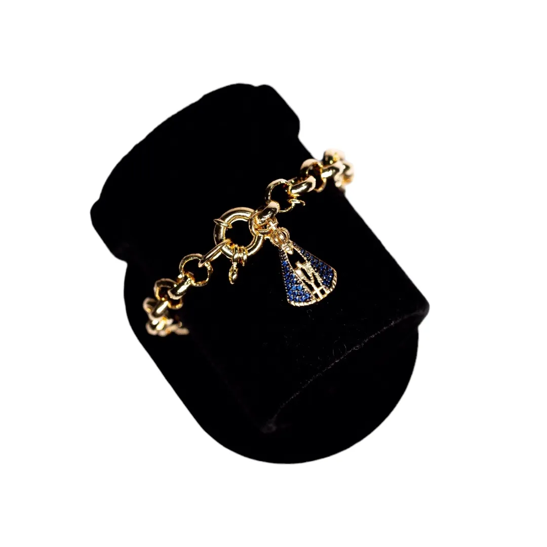 PULSEIRA ELO PORTUGUES COM FECHO BOIA E PINGENTE NOSSA SENHORA AZUL-  BANHADO A OURO 18K