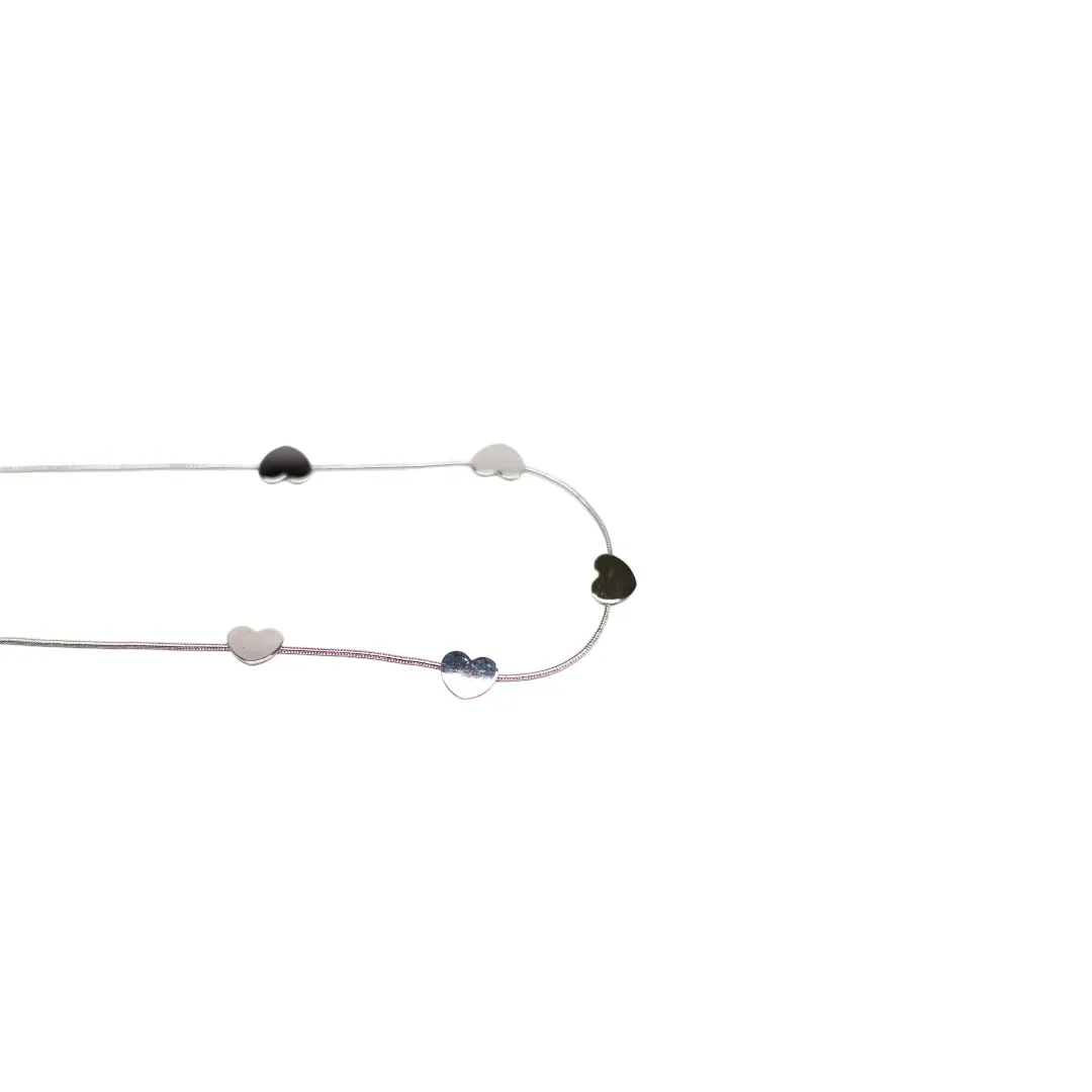 CHOKER RABO DE RATO COM CORAÇÕES LISO E EXTENSOR - BANHADO A RÓDIO BRANCO