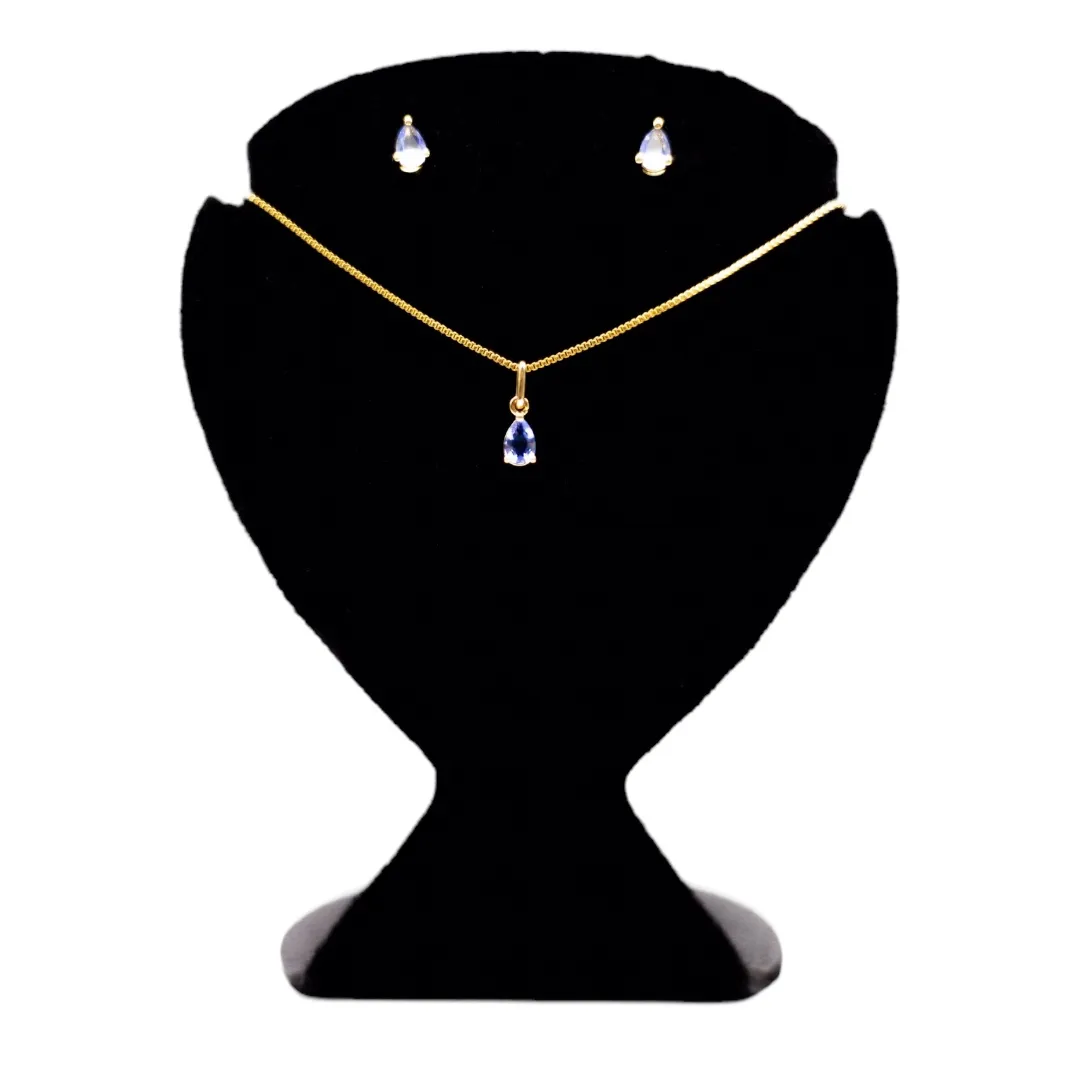 CONJUNTO GOTA LISA AZUL AQUAMARINA COM EXTENSOR - BANHADO A OURO 18K