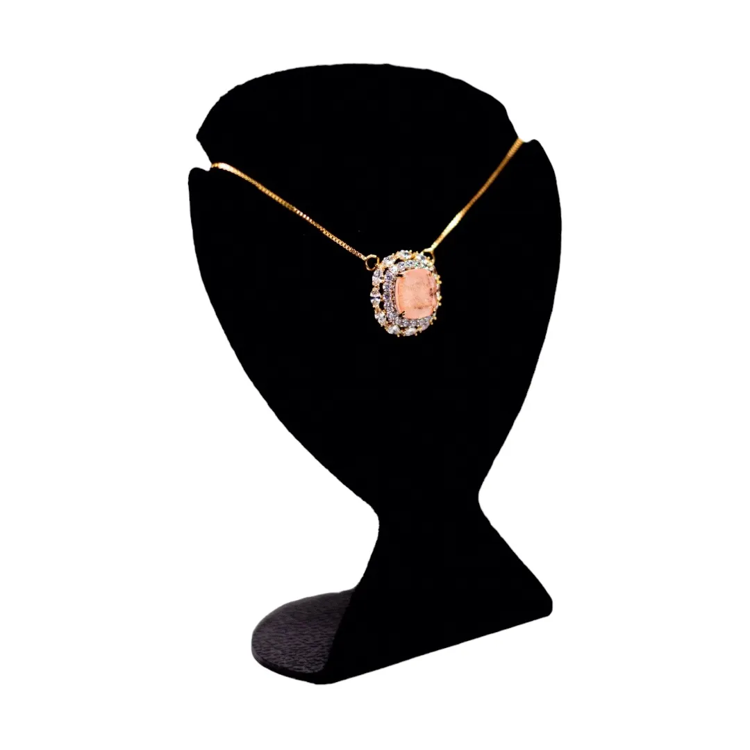 CORRENTE VENEZIANA PINGENTE QUADRADO PEDRA FUSION ROSE COM ZIRCONIA NEGRA- BANHADO A OURO 18K