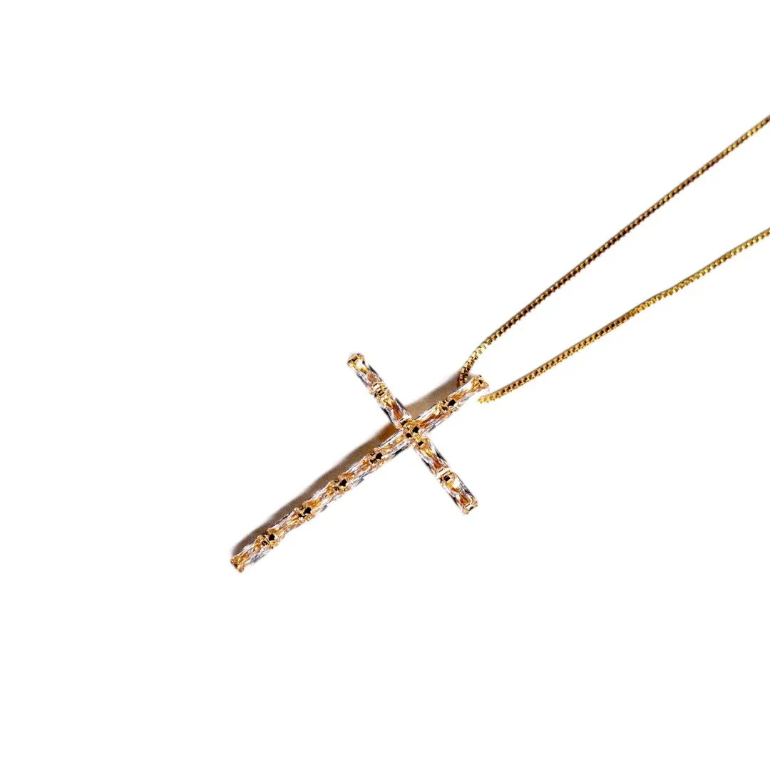 CORRENTE VENEZIANA CRUCIFIXO COM NAVETES CRISTAL 45CM - BANHADO A OURO 18K