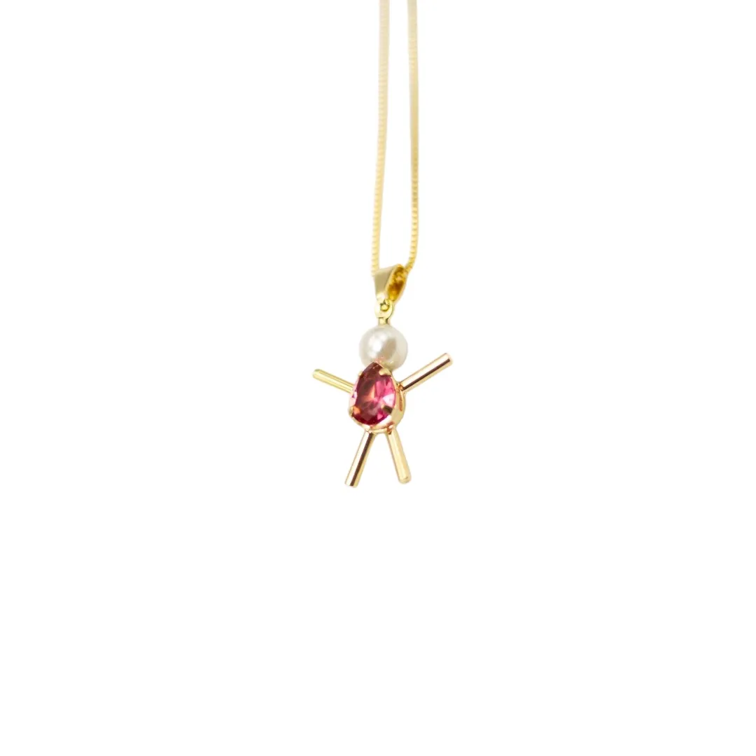 CORRENTE BONECO MENINA/MENINO CABEÇA PÉROLA E ZIRCONIA GOTA PINK    - BANHADO A OURO 18K