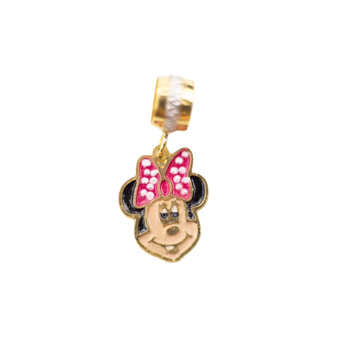 BERLOQUE PENDURADO CABEÇA MINNIE COM LAÇO ROSA RESINADO - BANHADO A OURO 18K