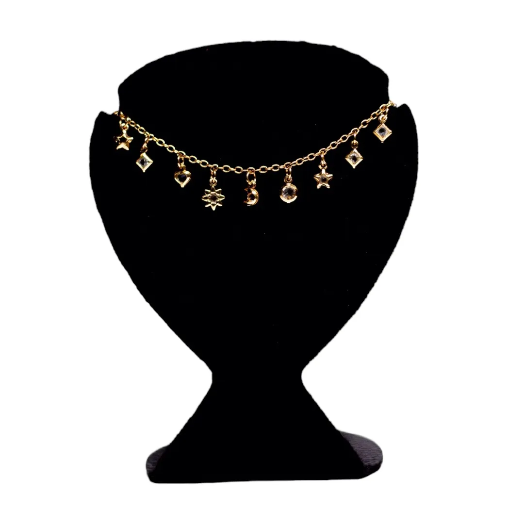 CHOKER SOL,CORAÇAO,LUA,BOLINHA ZIRCONIA CRISTAL ELO FINO PORTUGUES COM EXTENSOR - BANHADO A OURO 18K