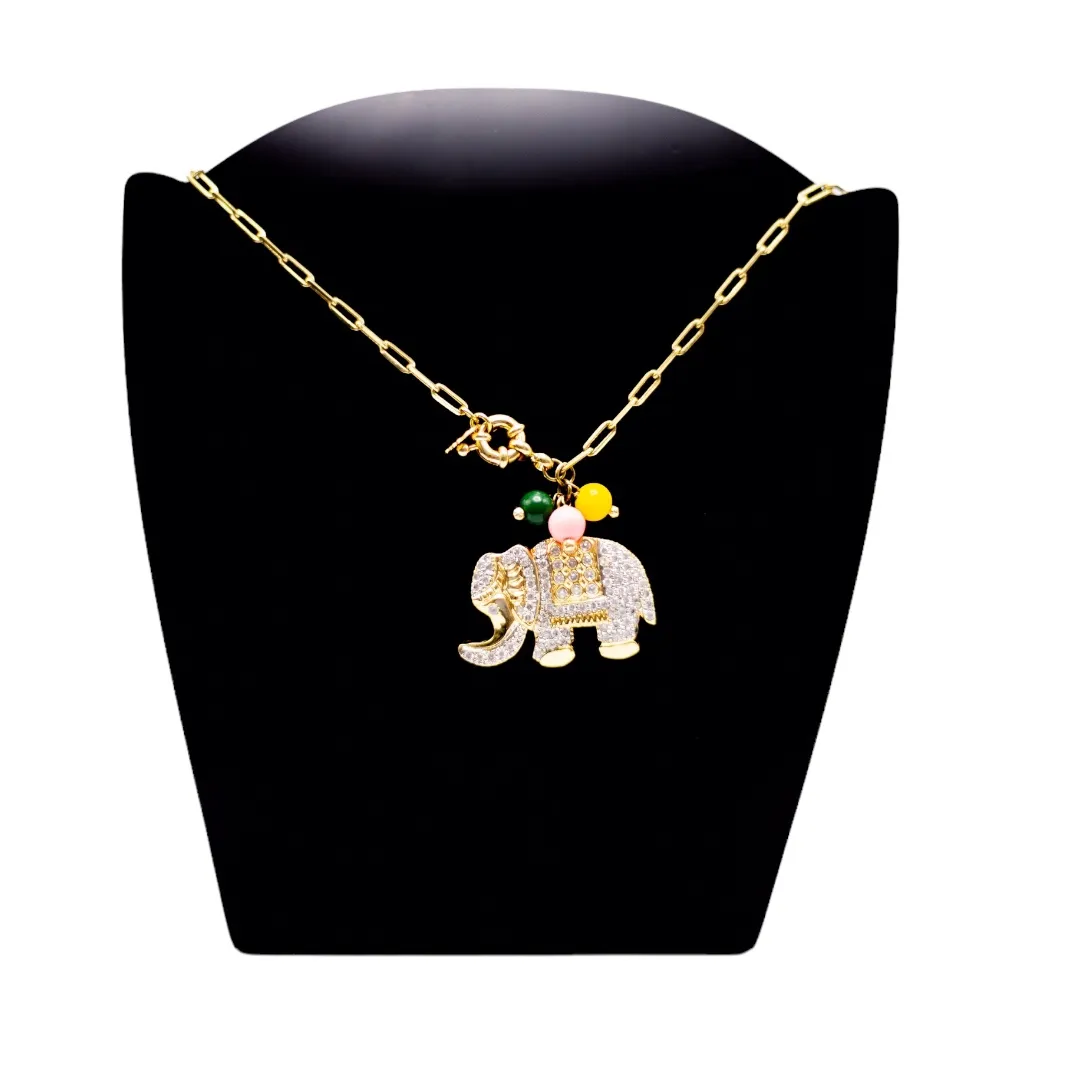 CORRENTE CARTHIE ELEFANTE CRAVEJADO COM MISSANGA COLORS - BANHADO A OURO 18K