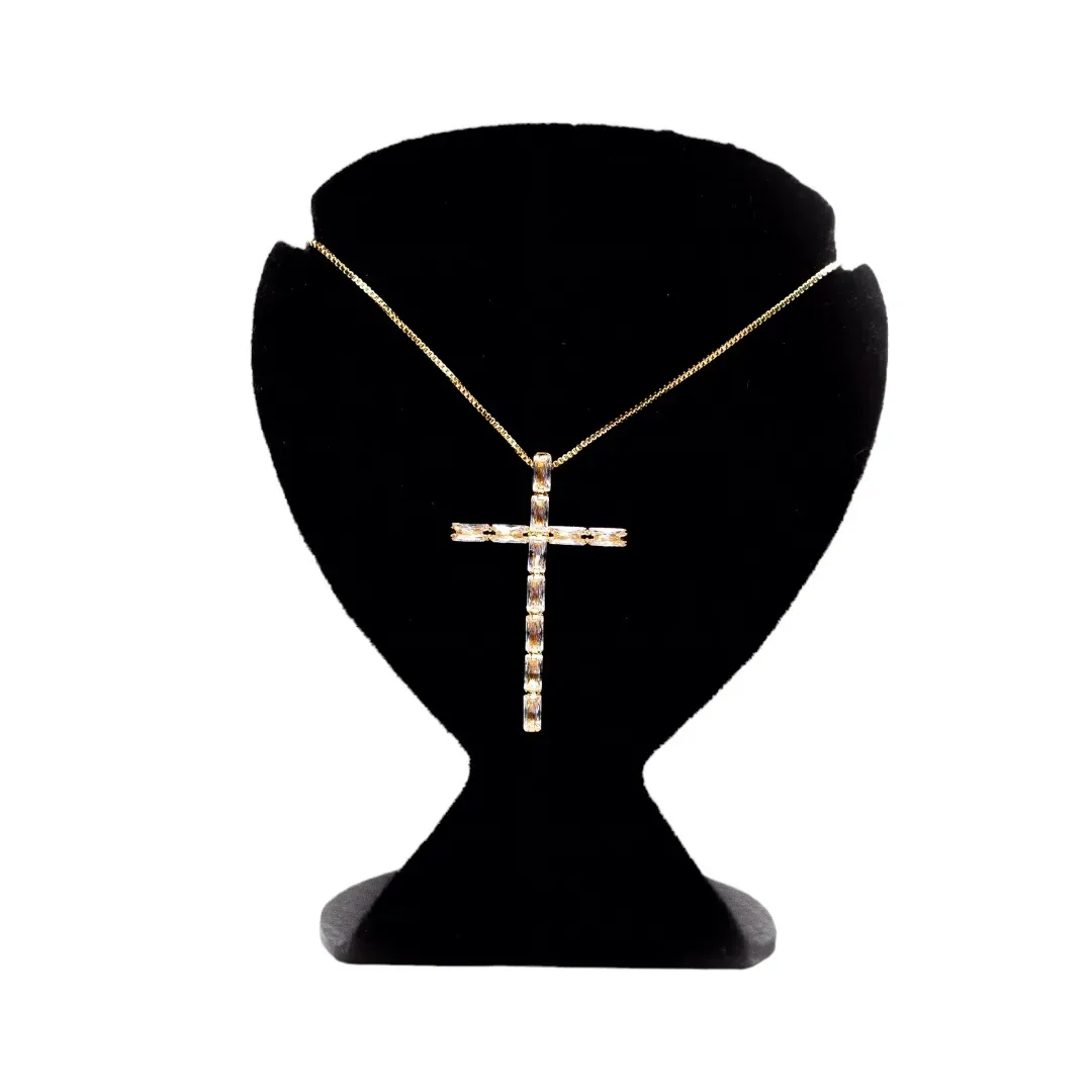 CORRENTE VENEZIANA CRUCIFIXO COM NAVETES CRISTAL 45CM - BANHADO A OURO 18K