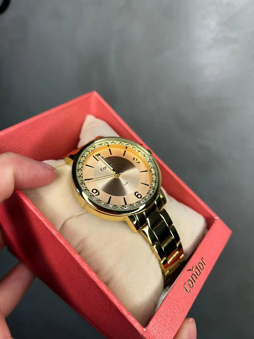 RELÓGIO CONDOR FEMININO DOURADO COM FUNDO ROSÉ E ZIRCONIA LATERIAS  CO2035NAJ4J- COR DOURADA