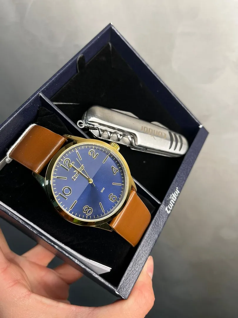 RELÓGIO CONDOR MASCULINO DOURADO COM INTERIOR AZUL METALICO PULSEIRA EM COURO MARROM - BRINDE CANIVETE MO2115BP4P- COR DOURADA