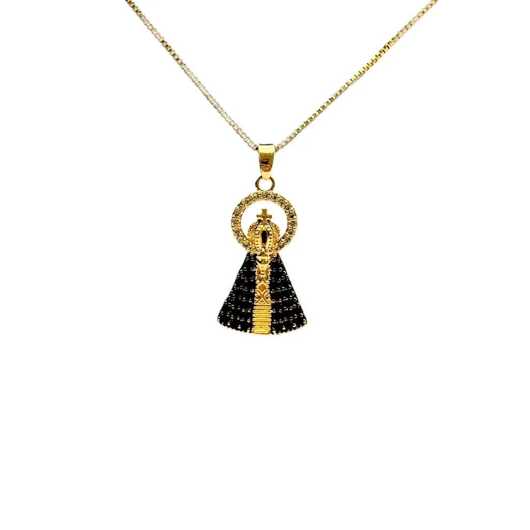 CORRENTE NOSSA SENHORA DE APARECIDA IMAGEM CRAVEJADA COM EXTENSOR - BANHADO A OURO 18K