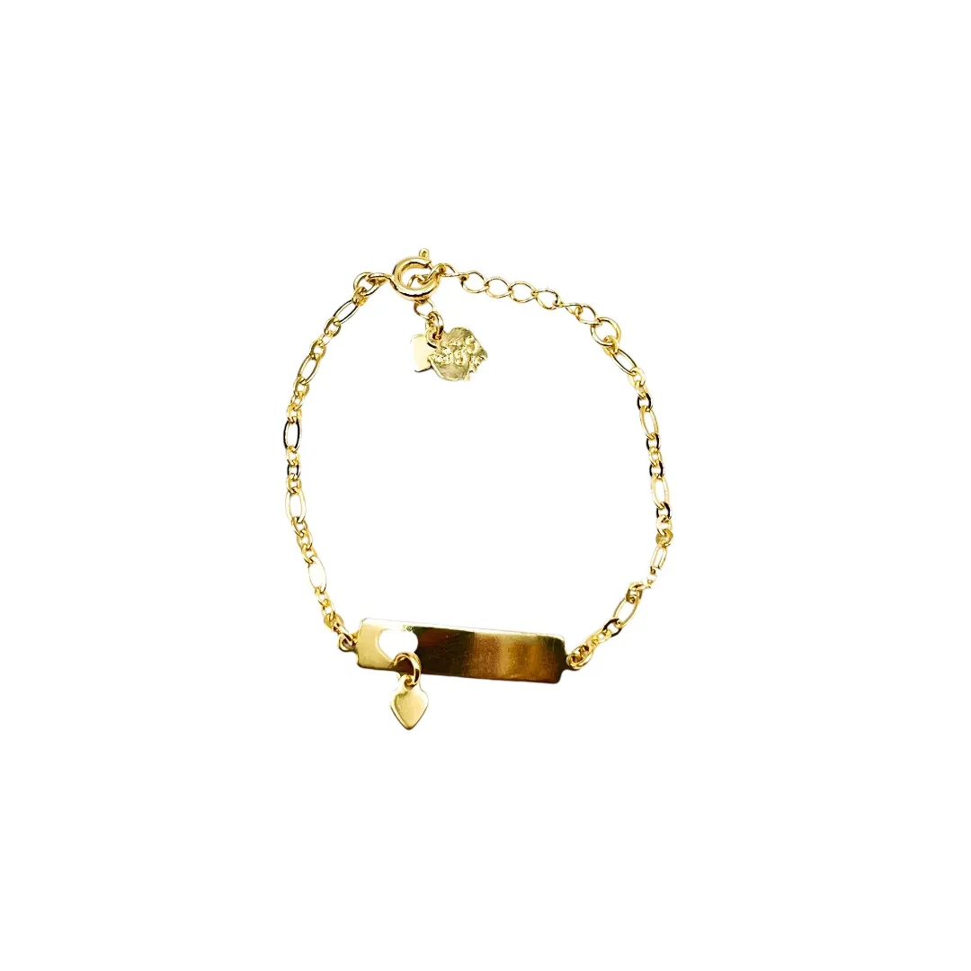 PULSEIRA INFANTIL COM PLACA PARA GRAVAR NOME COM CORAÇÃO PENDURADO LISA -BANHADO A OURO 18K