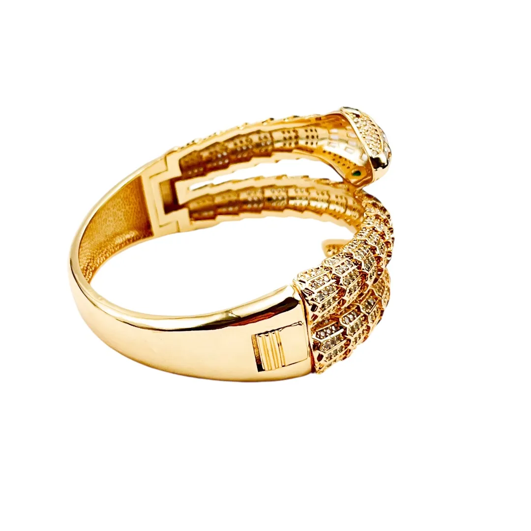 BRACELETE REPLICA BVLGARI COBRA DUPLA COM ZIRCONIA CRISTAL E NAVETE - BANHADO A OURO 18K