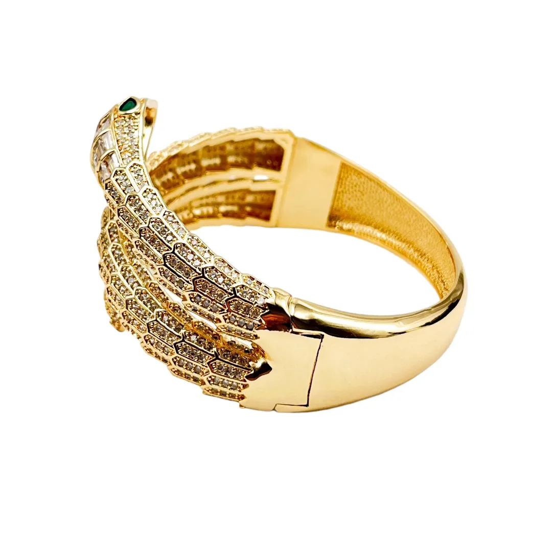 BRACELETE REPLICA BVLGARI COBRA DUPLA COM ZIRCONIA CRISTAL E NAVETE - BANHADO A OURO 18K