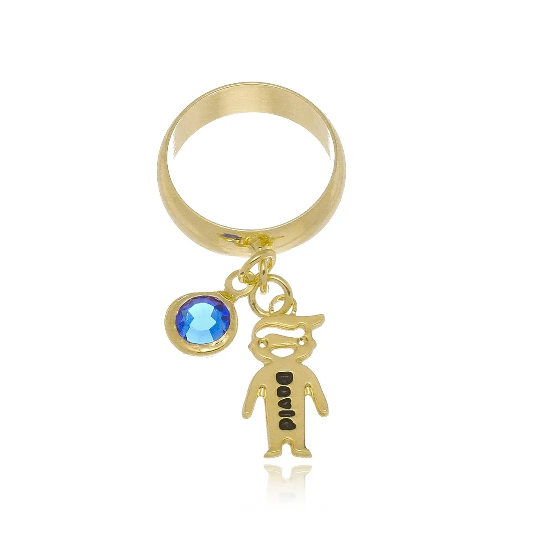 ANEL PERSONALIZADO CRAVEJADO BONECO E PONTO DE LUZ EM ACRILICO PENDURADO - BANHADA A OURO 18K