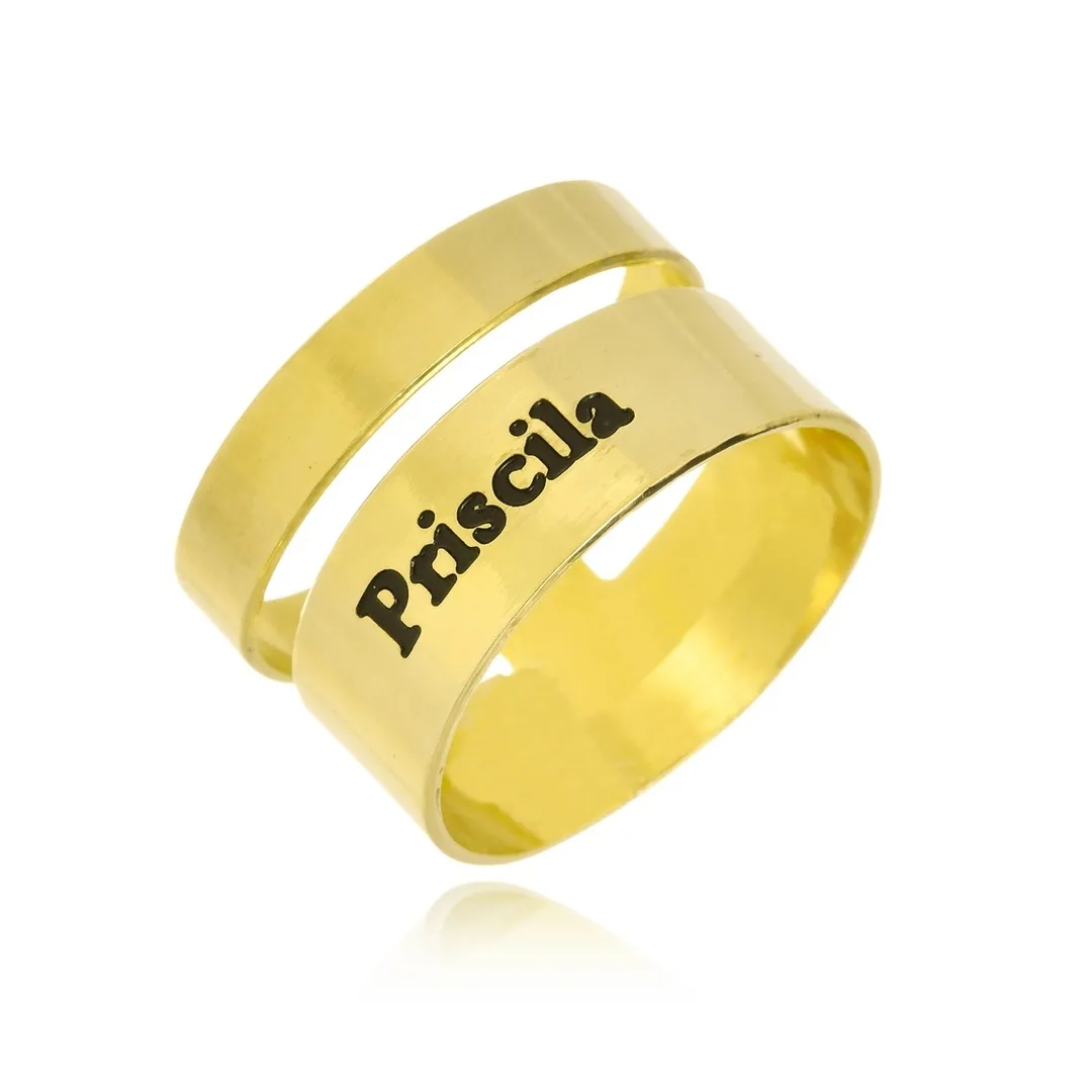 ANEL PERSONALIZADO DUPLO LISO COM NOME RESINADO - BANHADA A OURO 18K