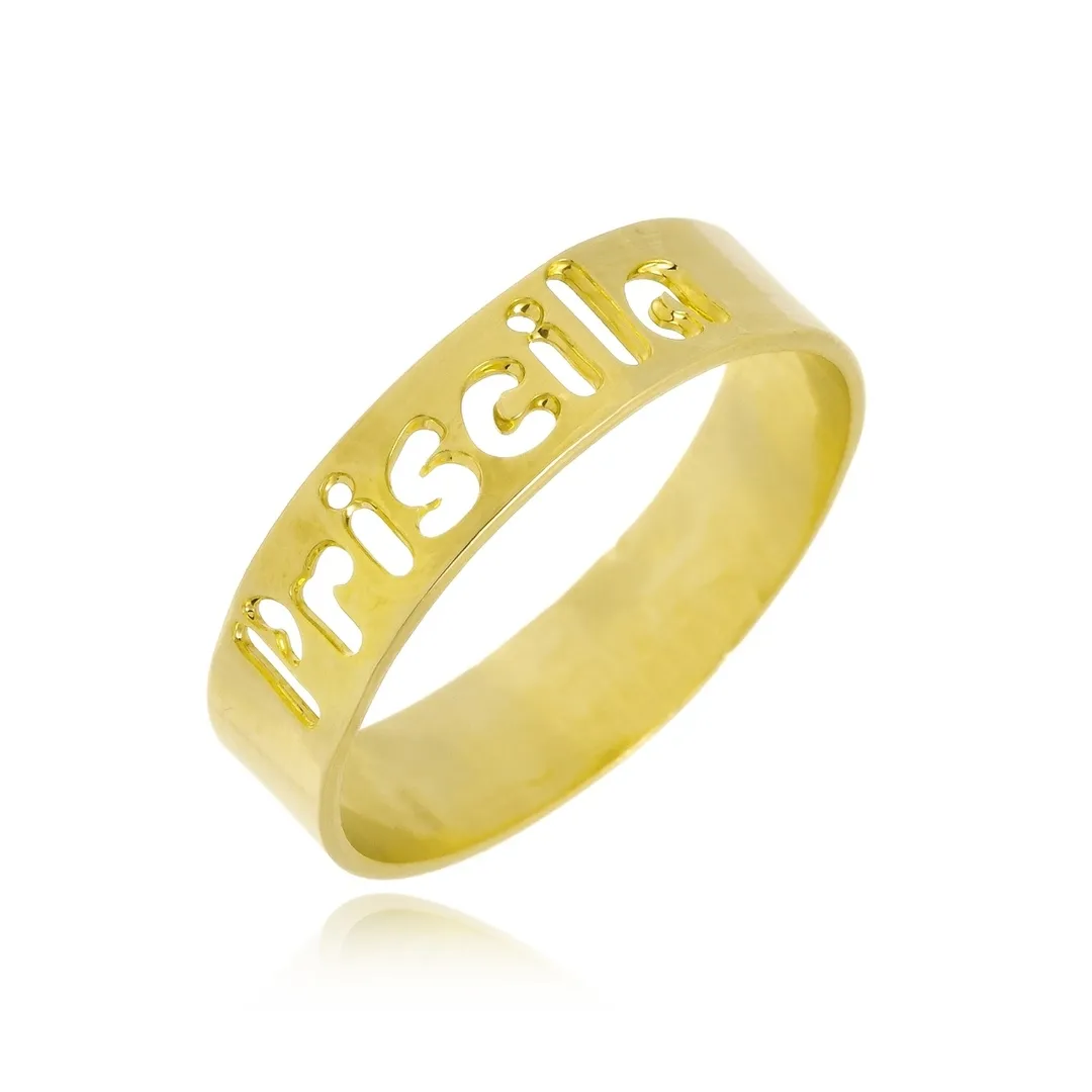 ANEL PERSONALIZADO SIMPLES COM NOME VAZADO - BANHADA A OURO 18K