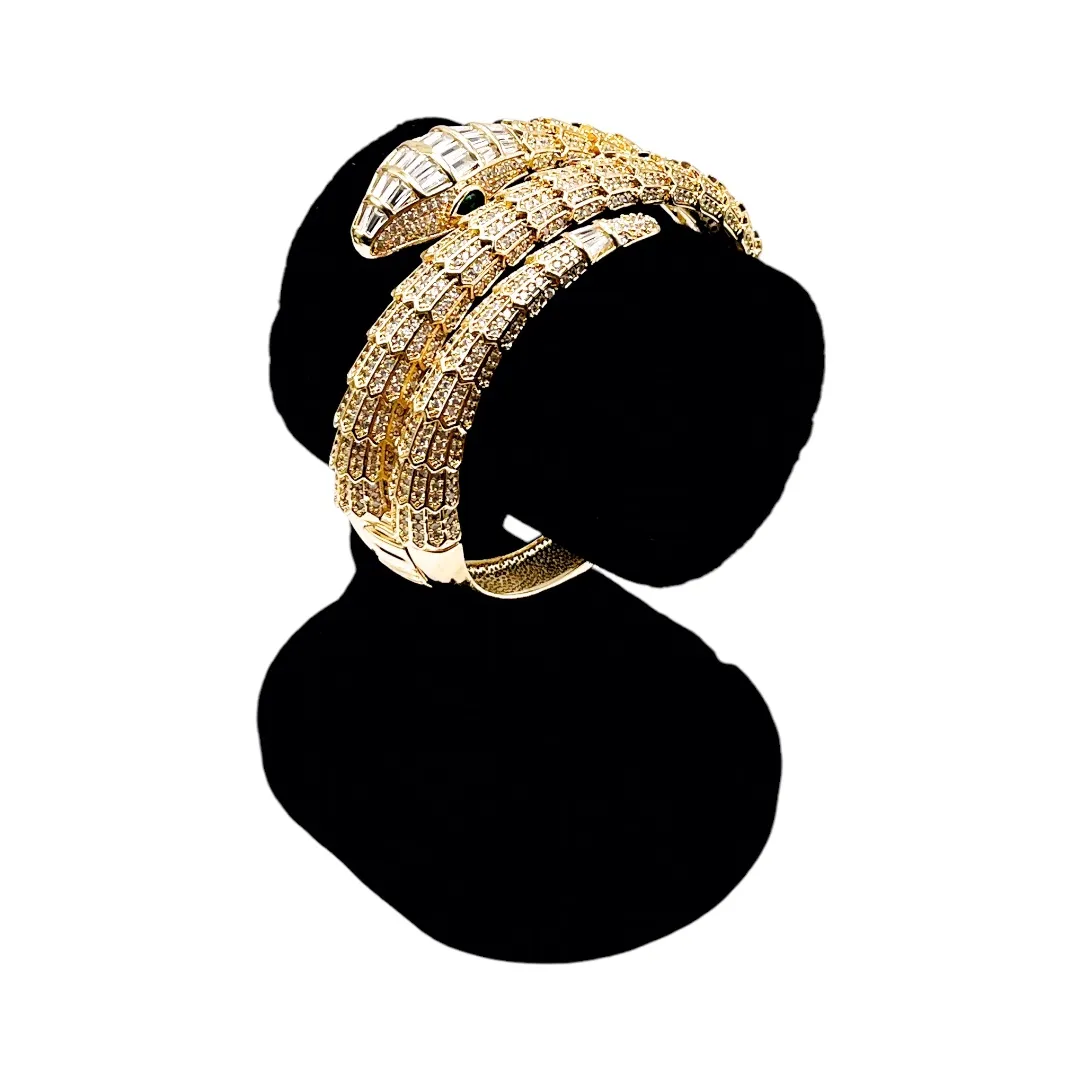 BRACELETE REPLICA BVLGARI COBRA DUPLA COM ZIRCONIA CRISTAL E NAVETE - BANHADO A OURO 18K