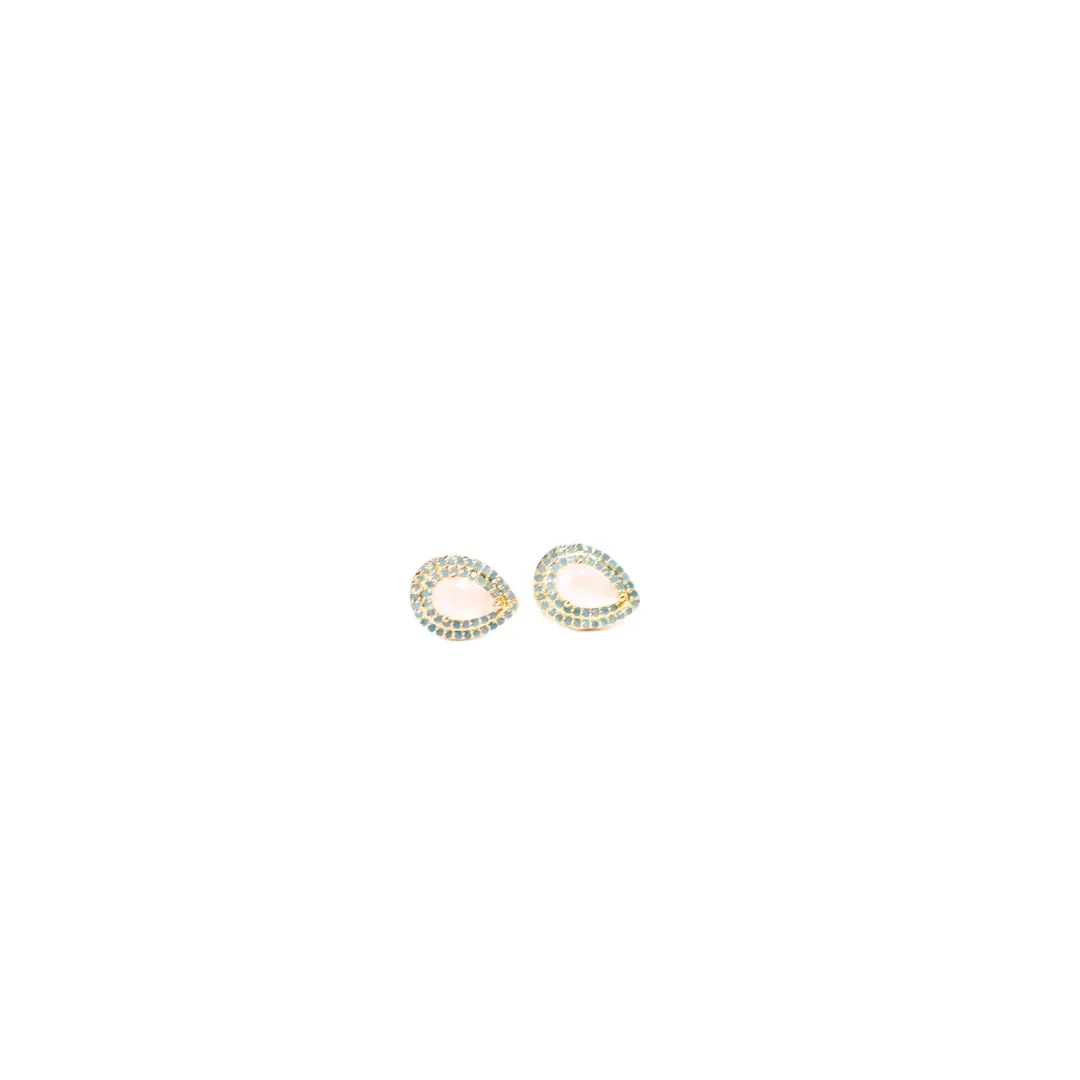 BRINCO  GOTA ZIRCONIA ROSÉ LEITOSA E MICRO ZIRCONIA VERDE AGUA- BANHADO A OURO 18K