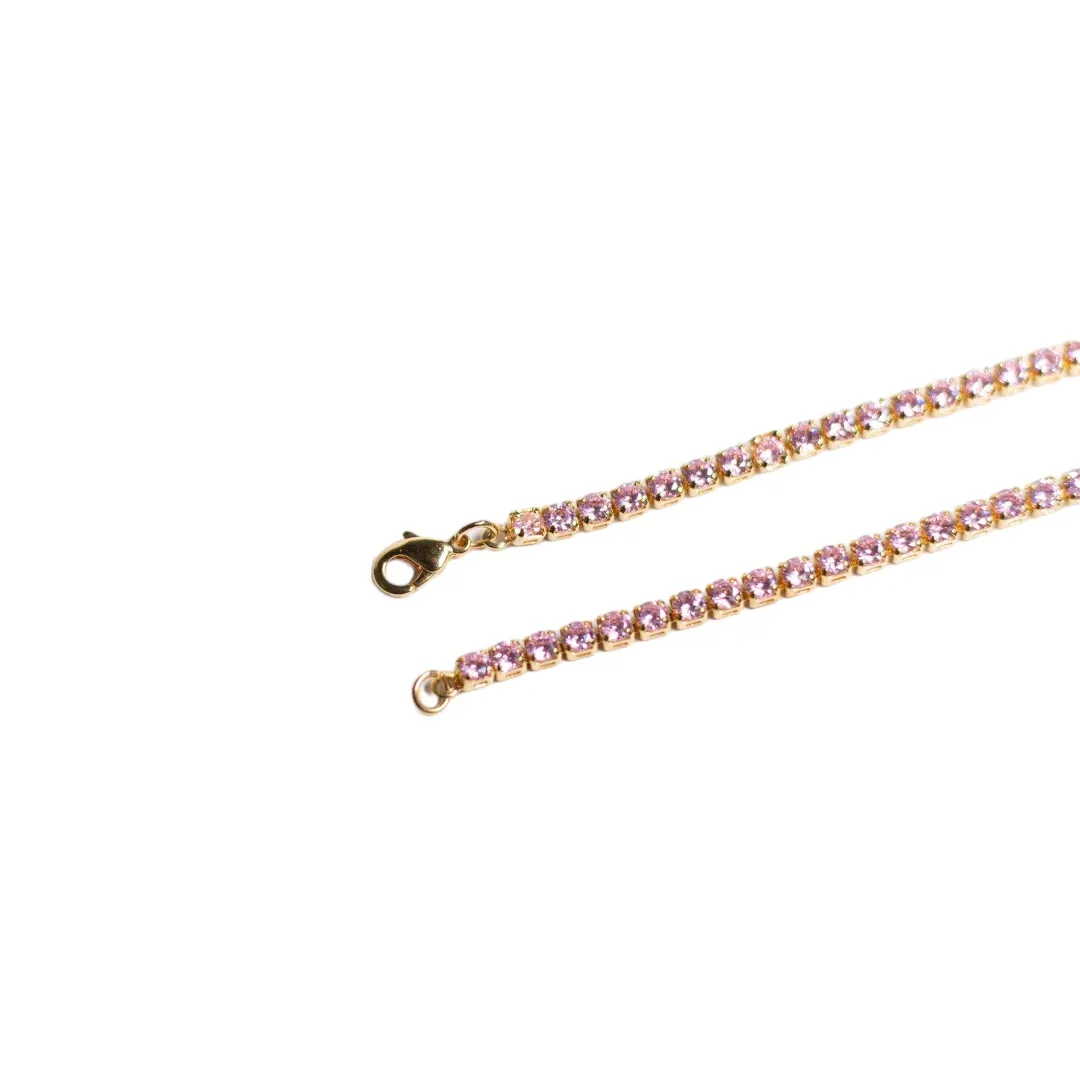 PULSEIRA RIVIERA COM ZIRCONIA ROSA- BANHADO A OURO 18K