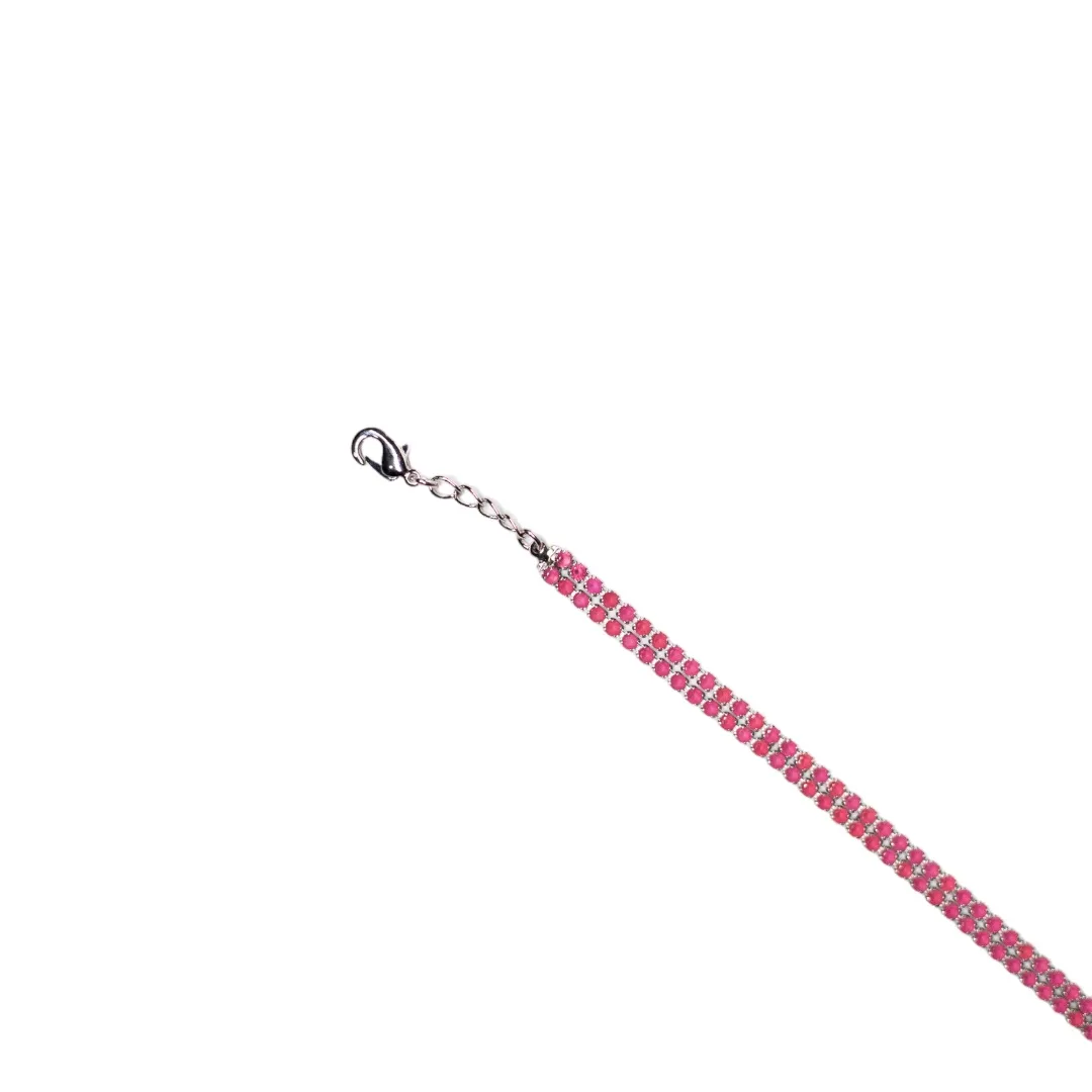 PULSEIRA DUPLA RIVIERA ZIRCONIA PINK COM EXTENSOR- BANHADO A RÓDIO BRANCO