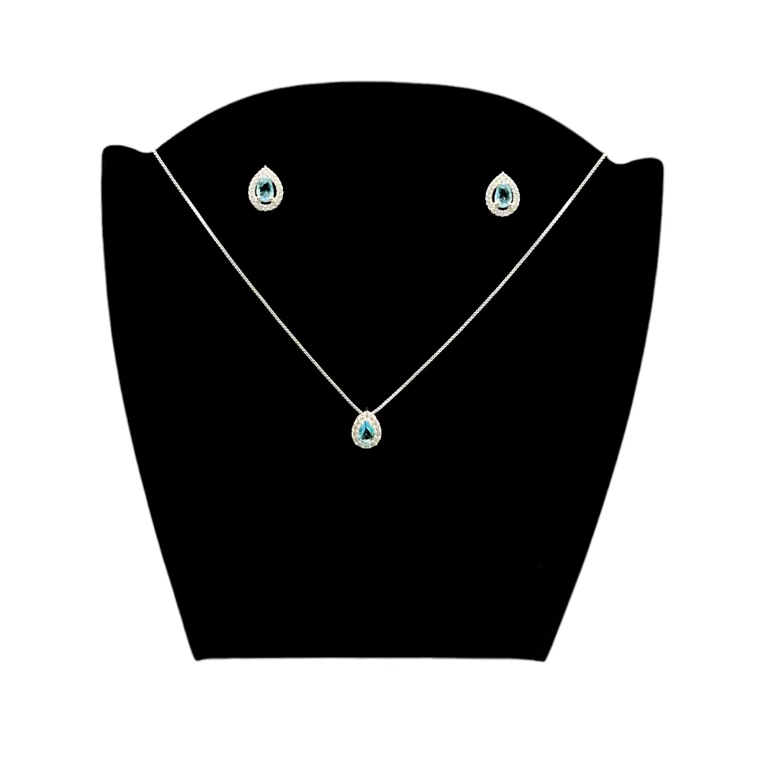 CONJUNTO COLAR E BRINCO DE GOTA ZIRCONIA AZUL CALRO  - PRATA 925