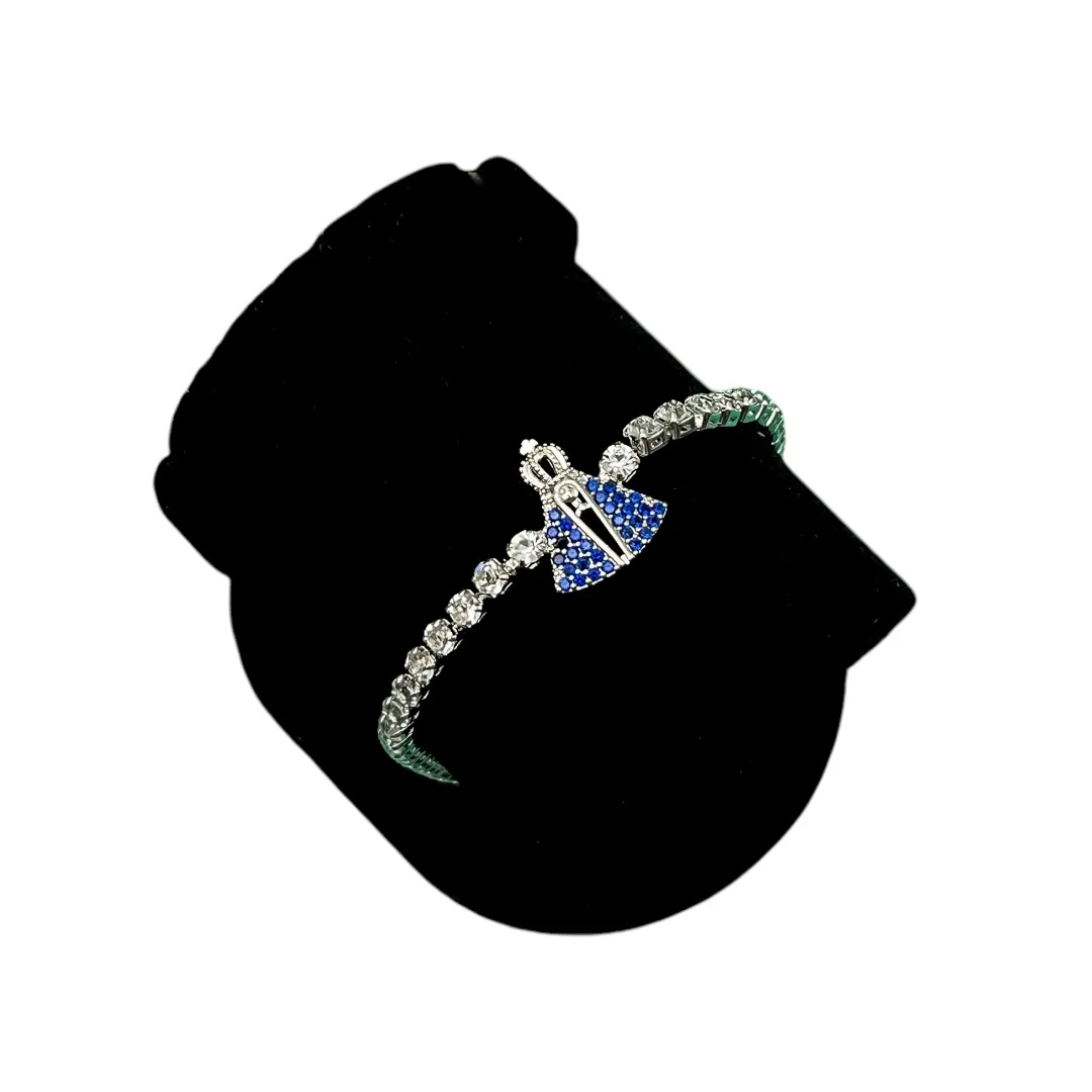 PULSEIRA RIVIERA NOSSA SENHORA DE APARECIDA ZIRCONIA AZUL E CRISTAL COM EXTENSOR - BANHADO A RÓDIO BRANCO