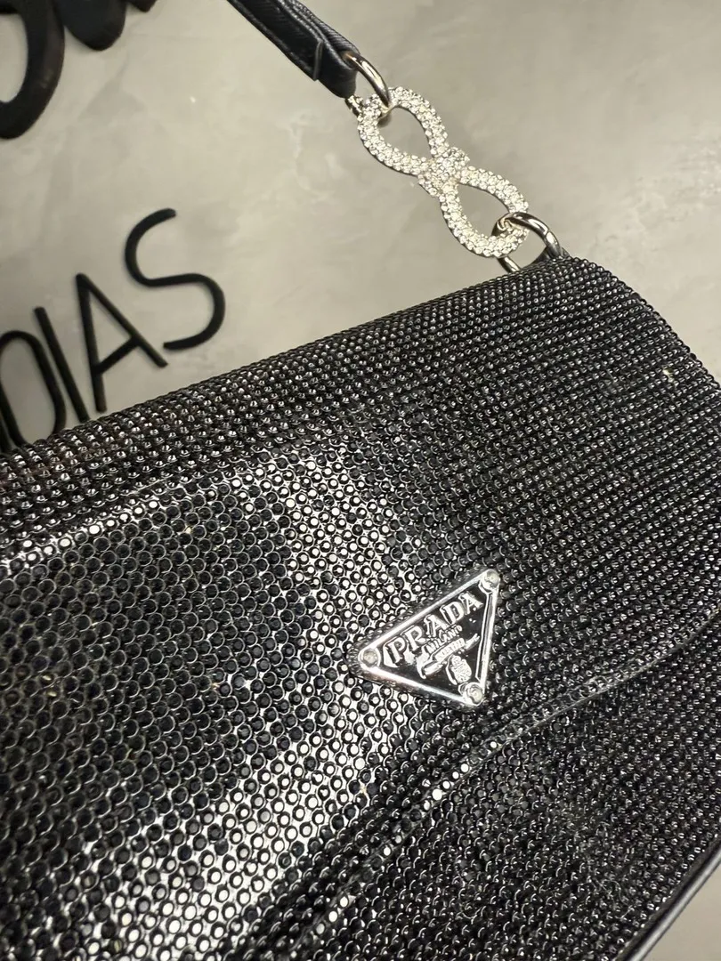 BOLSA REPLICA PRADA COURO SINTETICO PRETA COM MICRO CRISTAIS PRETO