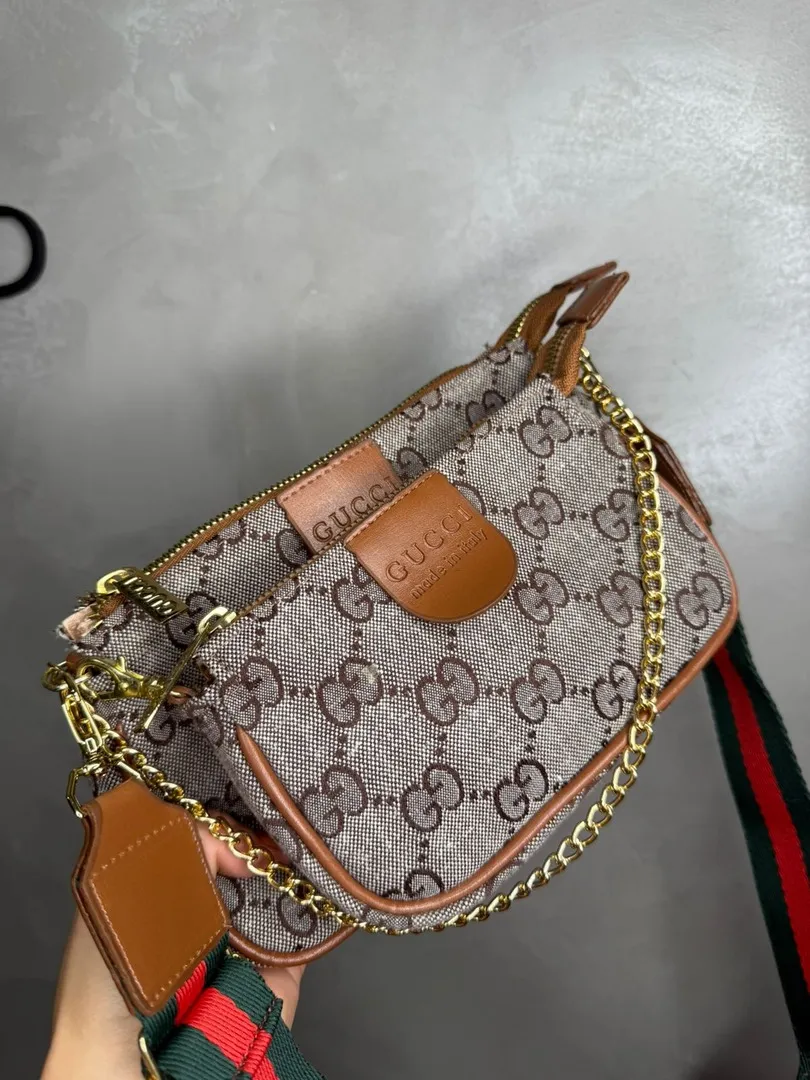 BOLSA REPLICA GUCCI TECIDO 3 EM 1 MARROM  E CINZA ACOMPANHA ALÇA TRASVERSAL