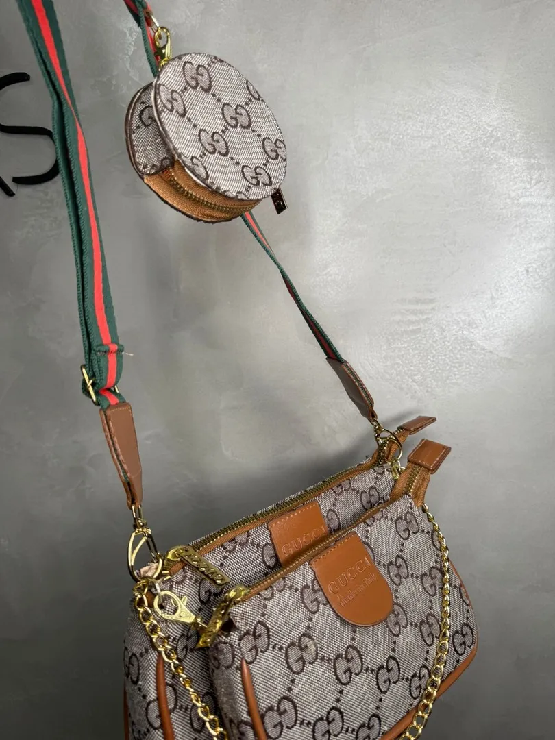 BOLSA REPLICA GUCCI TECIDO 3 EM 1 MARROM  E CINZA ACOMPANHA ALÇA TRASVERSAL