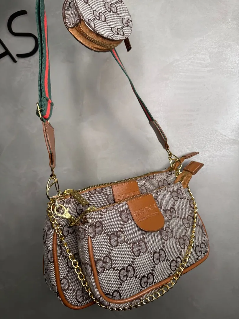 BOLSA REPLICA GUCCI TECIDO 3 EM 1 MARROM  E CINZA ACOMPANHA ALÇA TRASVERSAL