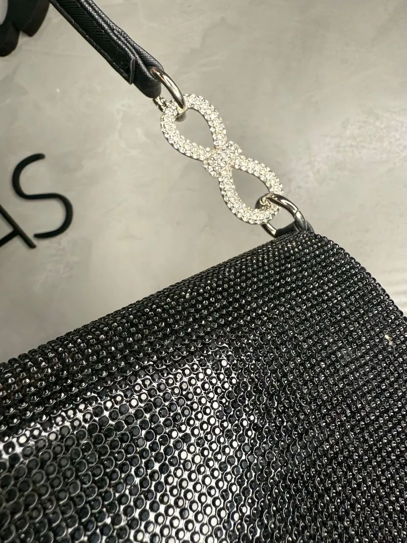 BOLSA REPLICA PRADA COURO SINTETICO PRETA COM MICRO CRISTAIS PRETO