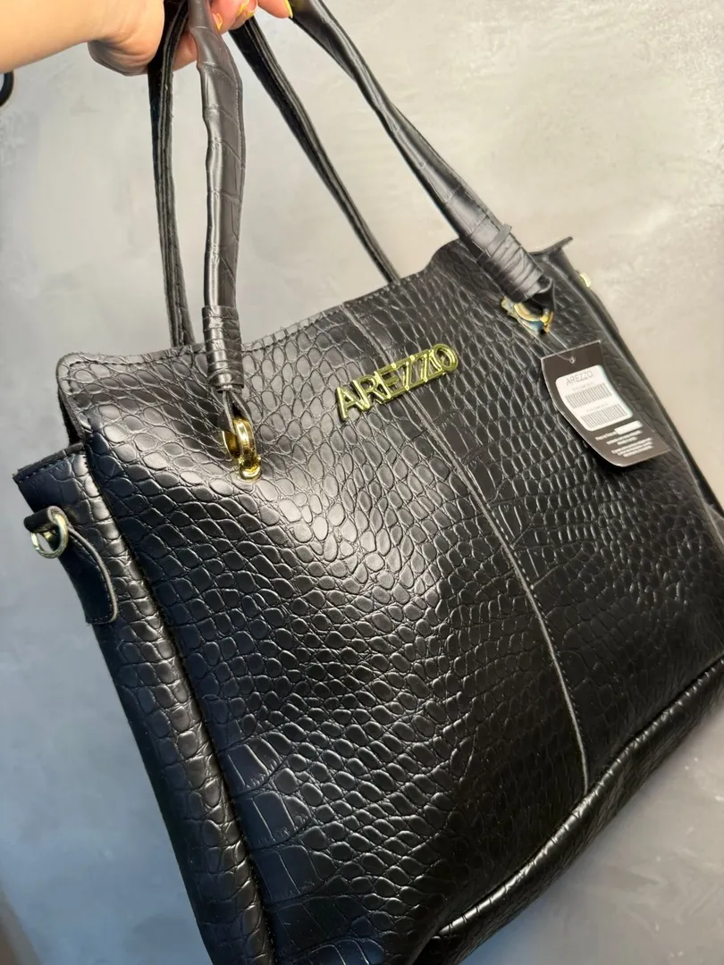 BOLSA REPLICA AREZZO PRETA COURO DE COBRA SINTETICO PRETO C/ ALÇA